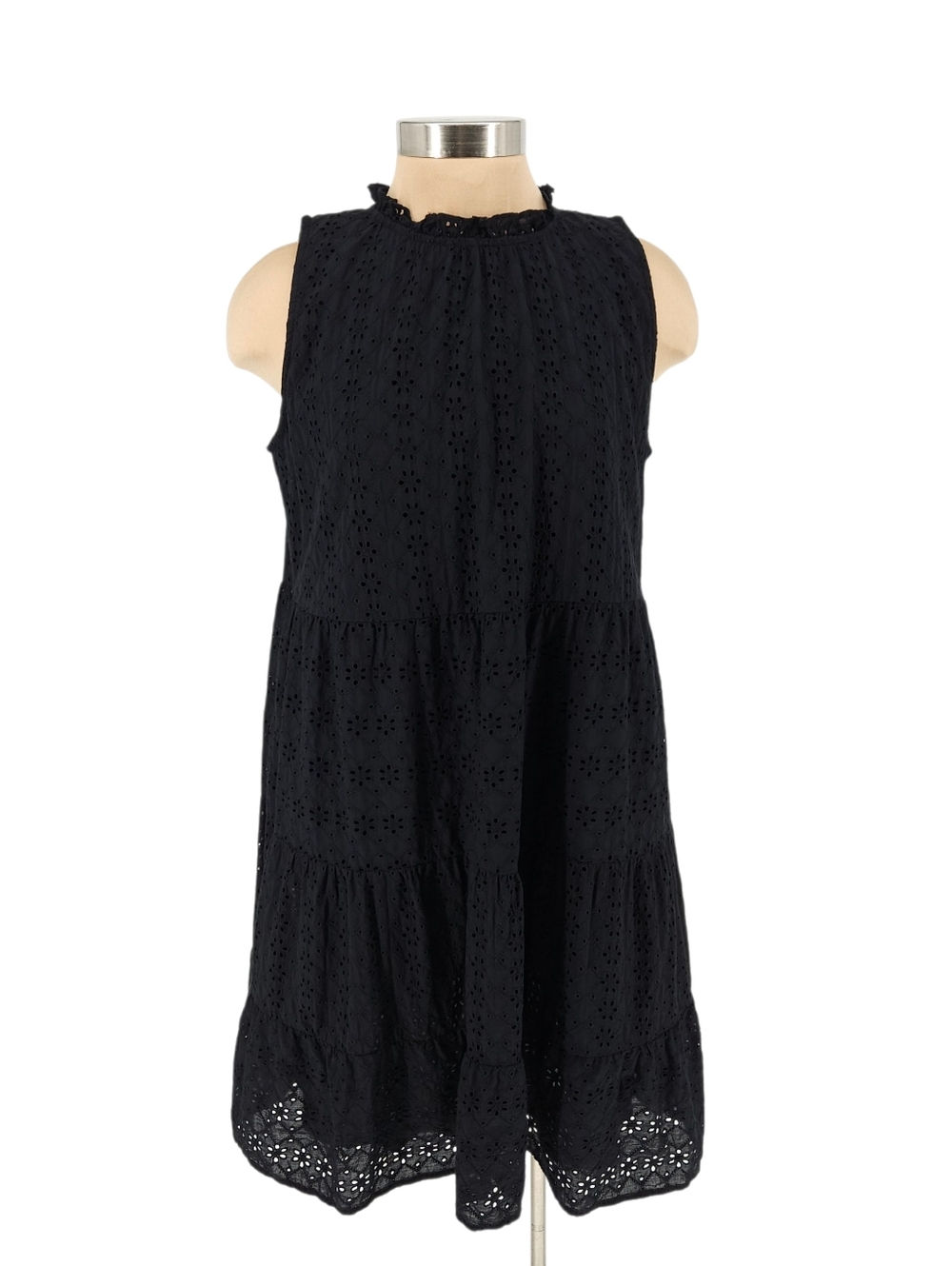Ann Taylor LOFT Tiered A Line Dress Black Floral Eyelet Sleeveless Ruffle Large